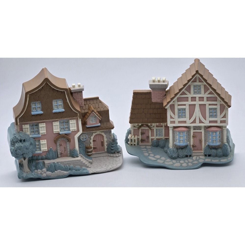 Burwood Cottage House Wall Plaques Set 6x6 Pastels Resin USA 1995 Vintage Decor